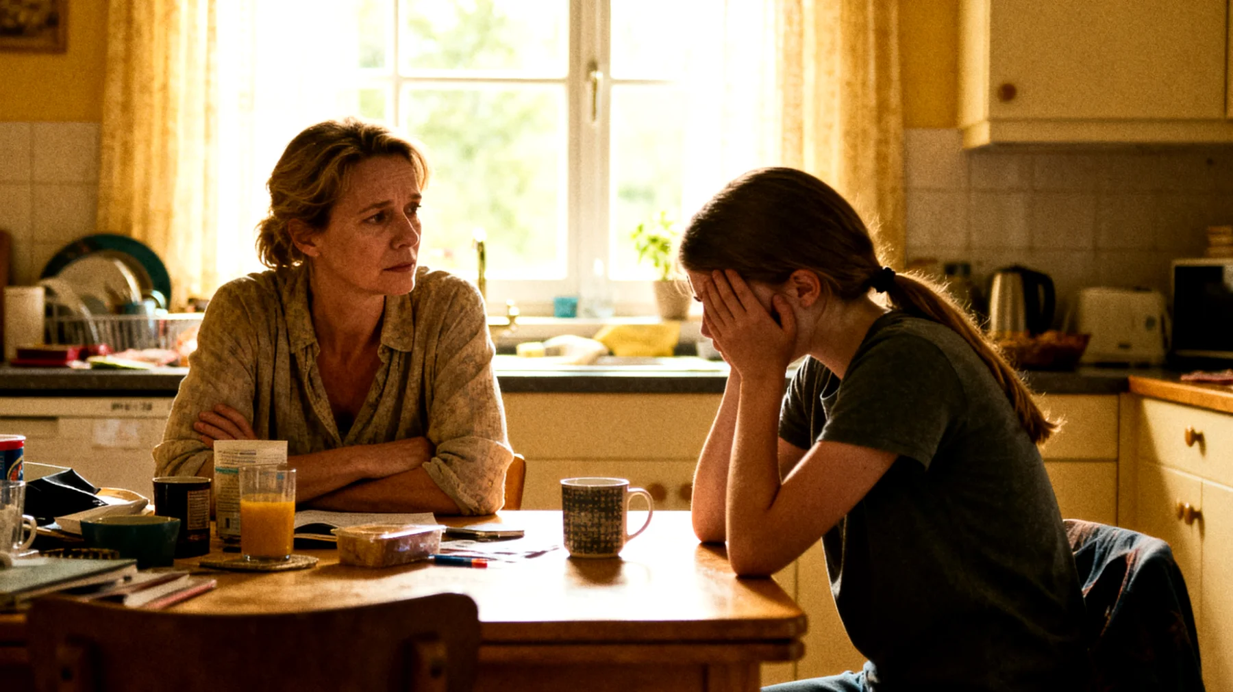 Die Mutter fällt es schwer, ihrer Tochter/ihrem Sohn (Jugendliche/r) gegenüber Grenzen zu setzen, und gibt deren Wünschen und Forderungen immer nach – aus Angst vor Konflikten oder dem Wunsch, geliebt zu werden. Dies führt dazu, dass der/die Jugendliche immer weniger Verantwortung übernimmt und zunehmend manipulatives Verhalten entwickelt."